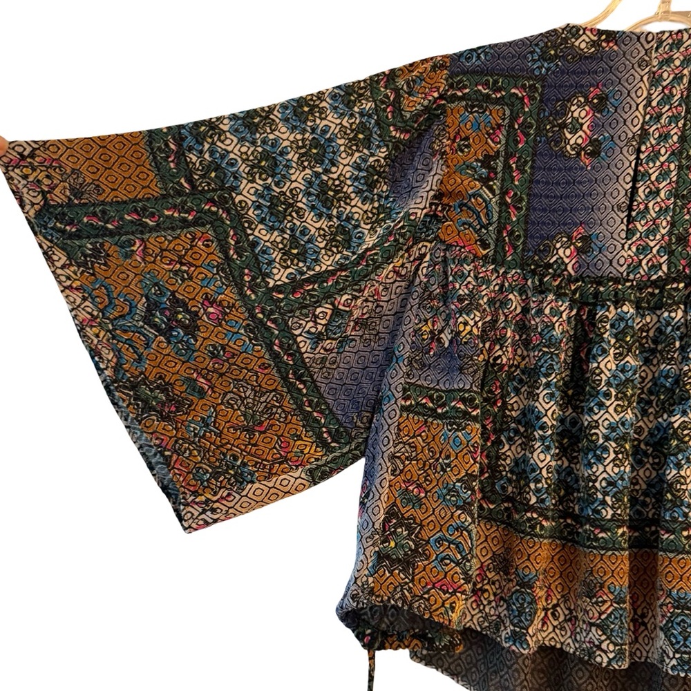 Zara Trafaluc Boho Kimono Sleeve Blouse XS Multicolor Patchwork Drawstring Top - Picture 3 of 6